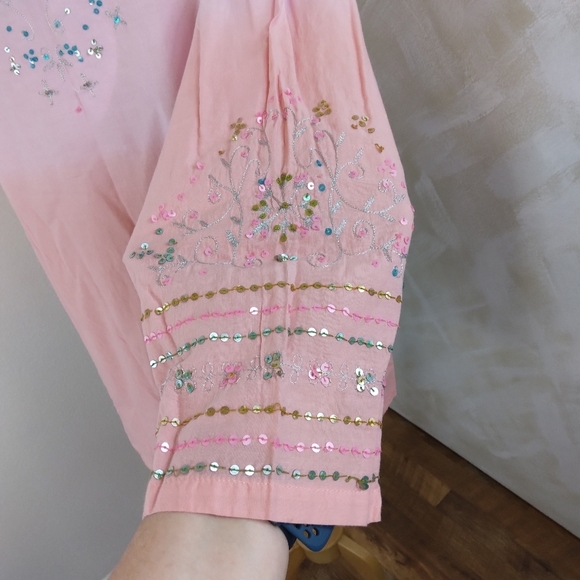 Cotton Sequin V-Neck Pink Ombre Lightweight Blouse - Picture 4 of 7